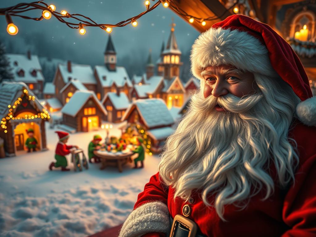 A cozy, festive scene of the history and traditions of Santa Claus. In the foreground, a jolly, red-suited Santa Claus with a flowing white beard, surrounded by a ring of twinkling fairy lights. In the middle ground, elves busily crafting toys in a snowy workshop, their faces alight with concentration. In the background, a panoramic view of a quaint, snow-dusted village with charming gingerbread houses, church steeples, and flickering candles in the windows. Warm, golden lighting illuminates the scene, casting a magical, nostalgic glow. The atmosphere is one of joyful celebration, timeless wonder, and cherished holiday memories.