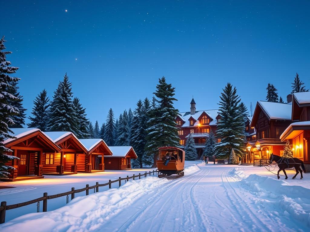A wintry landscape of the Santa Claus Village, showcasing its charming arrival and accommodation options. In the foreground, a snow-covered path leads visitors towards cozy log cabins nestled among towering pine trees, their warm glow emanating through the frosty air. Overhead, a clear night sky twinkles with stars, complemented by the soft, ambient lighting illuminating the scene. In the middle ground, a horse-drawn sleigh stands ready to transport guests, its driver bundled up against the cold. In the distance, the iconic Santa Claus House dominates the background, its red-painted facade and twinkling lights inviting travelers to experience the magic of this festive winter wonderland.
