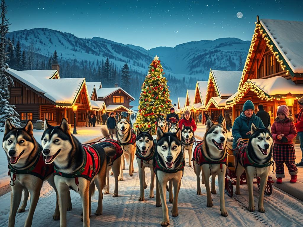 Husky sled dogs pulling colorful sleds through a picturesque winter wonderland of a Santa's village, with snow-dusted log cabins, twinkling lights, and a large Christmas tree at the center. The huskies are harnessed and eager, their breath visible in the crisp, cold air. In the foreground, children and adults bundle up in warm winter attire, interacting with the friendly canines. The scene is illuminated by a soft, golden glow from gas lamps and fairy lights, creating a magical, cozy atmosphere. The background features snow-capped mountains and a clear, starry night sky, completing the idyllic, festive landscape.
