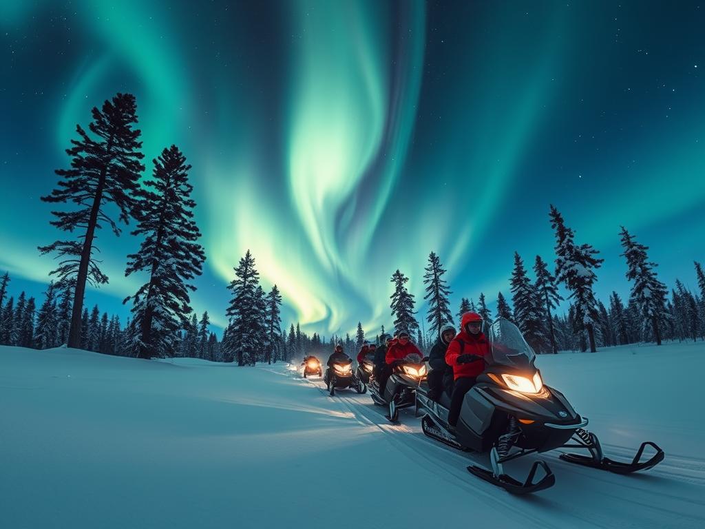 Nordlichter und Schneemobilfahrten in Lappland A breathtaking winter scene in the heart of Lapland, Finland. The sky is ablaze with vibrant, swirling Aurora Borealis, casting an ethereal glow over the snowy landscape. In the foreground, a group of adventurers glides across the frozen tundra on sleek, modern snowmobiles, their headlights cutting through the darkness. Towering pine trees line the horizon, their branches weighed down by fresh snowfall. The overall atmosphere is one of wonder, adventure, and the sheer majesty of the Nordic wilderness. Captured with a wide-angle lens to immerse the viewer, the image conveys the thrill and beauty of these quintessential Lappish experiences.