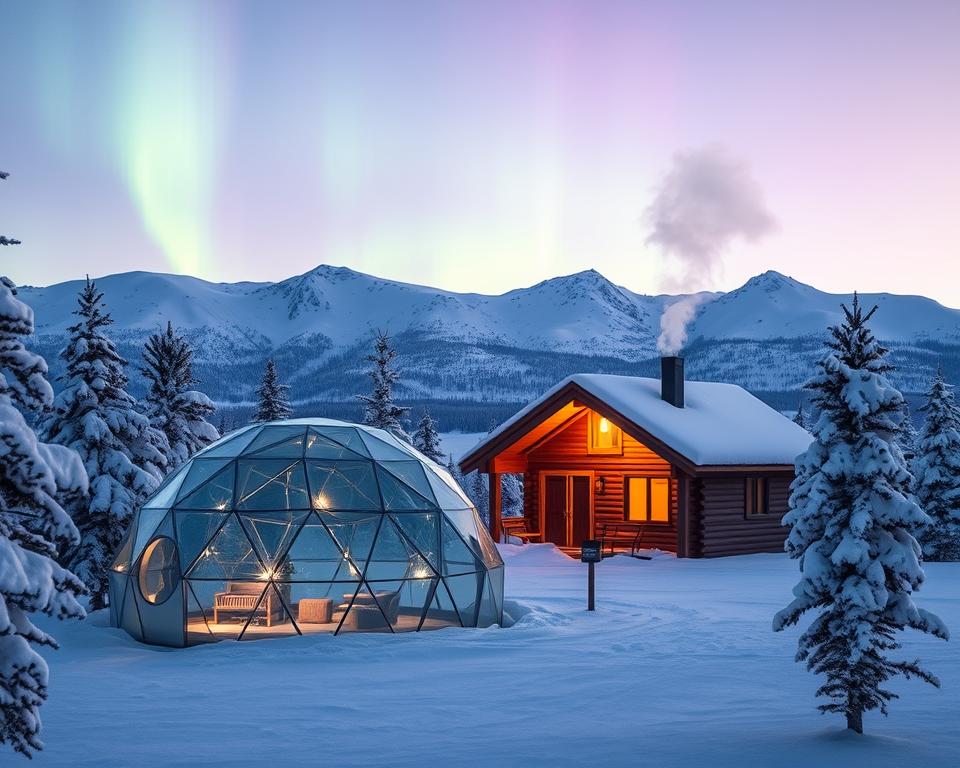 A beautiful winter scene in Lapland featuring a stunning glass igloo surrounded by snow-covered pine trees. In the foreground, the igloo glimmers under the soft, ethereal glow of the northern lights, casting luminous shades of green and purple across the sky. The middle ground showcases a cozy wooden cabin with smoke gently rising from its chimney, enhancing the warmth of the setting. In the background, majestic snow-capped mountains rise against a twilight sky. The scene is illuminated with soft, diffused lighting, creating a magical, serene atmosphere. Capture this image with a wide-angle lens for an immersive view, emphasizing the contrast between the modern glass igloo and the rustic charm of the cabin. The overall mood is peaceful and enchanting, encapsulating the magic of Finnish Lapland accommodations.