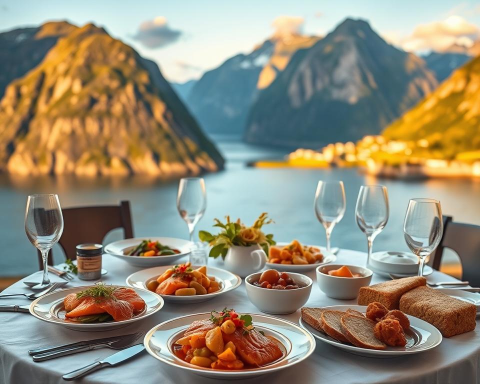 A beautifully arranged dining table featuring an exquisite selection of traditional Norwegian dishes, such as fresh salmon, reindeer stew, and hearty rye bread, set against a backdrop of breathtaking Norwegian fjords. In the foreground, a tastefully decorated table with elegant porcelain, crystal glassware, and colorful garnishes conveys the essence of Norwegian culinary culture. The middle ground reveals a panoramic view of towering cliffs and serene waters, illuminated by soft, golden sunset light that enhances the natural beauty. The atmosphere feels warm and inviting, capturing a sense of connection to both nature and heritage, with subtle waves lapping against the shore and the distant silhouette of a charming village.