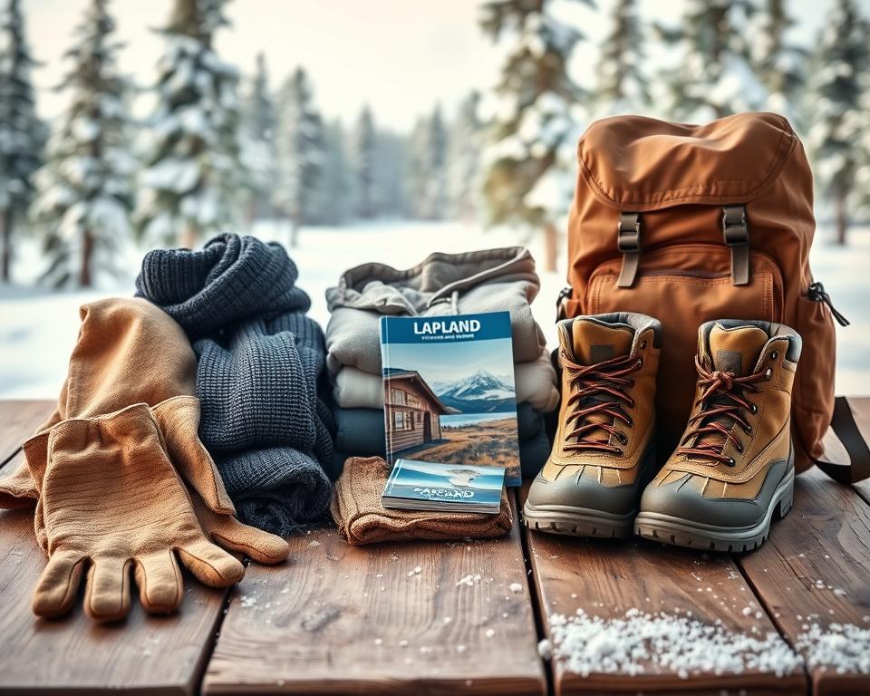 A beautifully organized winter packing list for a trip to Finnish Lapland, displayed on a rustic wooden table. In the foreground, an array of essential winter gear: thick, insulated gloves, a warm beanie, a pair of sturdy snow boots, a cozy scarf, and a compact, waterproof backpack. In the middle, neatly folded thermal layers, a snow jacket, and a travel guidebook about Lapland, surrounded by delicate snowflakes gently falling. The background features a soft-focus view of a snow-covered landscape with pine trees under a pale blue sky, creating a serene winter atmosphere. The scene is illuminated by soft, natural light, with a lens effect that accentuates warmth and coziness, inviting the viewer to embark on an adventurous journey.