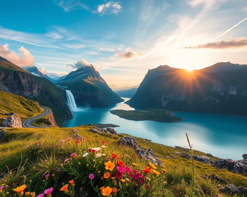 A breathtaking Norwegian landscape featuring towering fjords and majestic waterfalls cascading into pristine turquoise lakes. In the foreground, vibrant wildflowers bloom amidst rocky outcrops, while a winding road snakes through the lush greenery, inviting an adventurous drive. The middle ground showcases steep, craggy mountains rising dramatically against a clear blue sky, with wisps of clouds gently floating above. In the background, a shimmering sunset casts warm tones of orange and pink across the rugged terrain, enhancing the natural beauty. Soft, diffused lighting highlights the textures of the landscape, creating a serene and awe-inspiring atmosphere. The composition is shot from a slightly elevated angle, allowing for a panoramic view that captures the essence of Norway's stunning natural wonders. A breathtaking Norwegian landscape featuring towering fjords and majestic waterfalls cascading into pristine turquoise lakes. In the foreground, vibrant wildflowers bloom amidst rocky outcrops, while a winding road snakes through the lush greenery, inviting an adventurous drive. The middle ground showcases steep, craggy mountains rising dramatically against a clear blue sky, with wisps of clouds gently floating above. In the background, a shimmering sunset casts warm tones of orange and pink across the rugged terrain, enhancing the natural beauty. Soft, diffused lighting highlights the textures of the landscape, creating a serene and awe-inspiring atmosphere. The composition is shot from a slightly elevated angle, allowing for a panoramic view that captures the essence of Norway's stunning natural wonders.