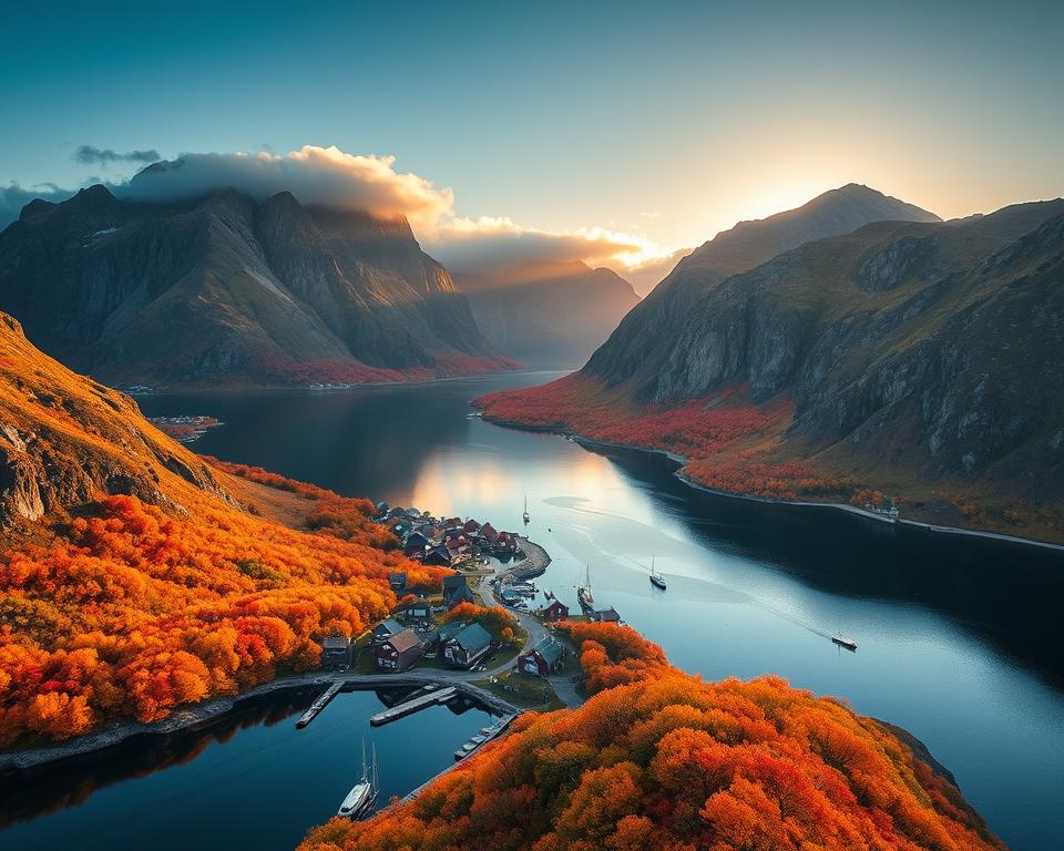 A breathtaking aerial view of the Lofoten Islands during autumn, showcasing vibrant fall foliage in shades of orange, red, and gold contrasting against the rugged, dramatic mountains. In the foreground, a tranquil fjord reflects the brilliant colors of the surrounding landscape, dotted with small fishing boats. The middle ground features traditional rorbuer (fishing huts) nestled along the shoreline, embodying the coastal charm of the region. The distant background presents towering peaks partially shrouded in mist, illuminated by the soft, golden light of a low sun, creating a serene and tranquil atmosphere. Capture the crispness of the autumn air, evoking a sense of peace and natural beauty, while emphasizing the unique geological features of the Lofoten Islands. A breathtaking aerial view of the Lofoten Islands during autumn, showcasing vibrant fall foliage in shades of orange, red, and gold contrasting against the rugged, dramatic mountains. In the foreground, a tranquil fjord reflects the brilliant colors of the surrounding landscape, dotted with small fishing boats. The middle ground features traditional rorbuer (fishing huts) nestled along the shoreline, embodying the coastal charm of the region. The distant background presents towering peaks partially shrouded in mist, illuminated by the soft, golden light of a low sun, creating a serene and tranquil atmosphere. Capture the crispness of the autumn air, evoking a sense of peace and natural beauty, while emphasizing the unique geological features of the Lofoten Islands.