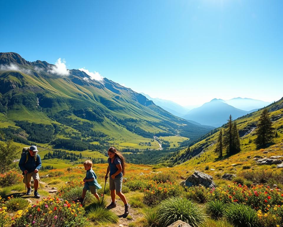 A breathtaking landscape of Norway's national parks, featuring lush green valleys, towering mountains, and sparkling waterfalls. In the foreground, a family of four, dressed in modest outdoor clothing, enjoys a hike with children exploring the vibrant flora. The middle ground showcases the diverse terrain, dotted with patches of colorful wildflowers and rocky outcrops. In the background, majestic peaks are partially shrouded in mist under a clear blue sky, enhancing the sense of adventure. The sunlight filters through the trees, casting playful shadows on the ground, creating a warm and inviting atmosphere perfect for family exploration. The overall mood is joyful and adventurous, highlighting the beauty of nature and the promise of unforgettable experiences in Norway's national parks.