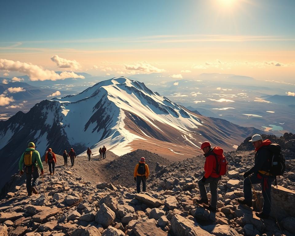 A breathtaking scene of Kebnekaise, Sweden's highest peak, showcasing climbers conquering its rugged terrain. In the foreground, a diverse group of climbers, equipped with climbing gear and dressed in professional outdoor attire, navigates a rocky path. Mid-ground features the stunning snow-capped summit glistening under the sun, accentuated by craggy cliffs and patches of resilient greenery. The background reveals a vast expanse of the Swedish tundra, dotted with lakes and scattered clouds against a blue sky. Warm sunlight bathes the scene, creating vivid contrasts and highlighting the adventurous spirit of the climb. The atmosphere is one of exhilaration and camaraderie, embodying the challenge and thrill of ascending Kebnekaise.