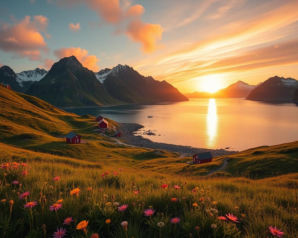 A breathtaking scene of the Midnight Sun illuminating the stunning Lofoten Islands during summer. In the foreground, lush green hills with vibrant wildflowers sway gently in a soft breeze. In the middle ground, traditional red fishing cabins dot the shoreline, reflecting in crystal-clear waters that shimmer with golden light. The background features spectacular jagged mountains rising majestically against the horizon, partially covered in snow. The sky is a dramatic blend of warm oranges, soft pinks, and deep blues, showcasing the unique phenomenon of the Midnight Sun. The atmosphere is serene and enchanting, capturing the beauty and tranquility of summer nights in the Arctic. Ideal for an expansive landscape shot taken at sunset, emphasizing the natural beauty and vibrant colors synonymous with the Lofoten Islands. A breathtaking scene of the Midnight Sun illuminating the stunning Lofoten Islands during summer. In the foreground, lush green hills with vibrant wildflowers sway gently in a soft breeze. In the middle ground, traditional red fishing cabins dot the shoreline, reflecting in crystal-clear waters that shimmer with golden light. The background features spectacular jagged mountains rising majestically against the horizon, partially covered in snow. The sky is a dramatic blend of warm oranges, soft pinks, and deep blues, showcasing the unique phenomenon of the Midnight Sun. The atmosphere is serene and enchanting, capturing the beauty and tranquility of summer nights in the Arctic. Ideal for an expansive landscape shot taken at sunset, emphasizing the natural beauty and vibrant colors synonymous with the Lofoten Islands.