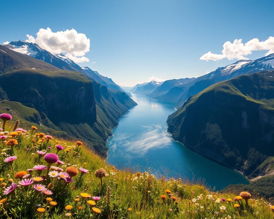 A breathtaking view from the Geiranger viewpoint, showcasing the dramatic fjords of Norway. In the foreground, lush green hillsides adorned with wildflowers lead the eye to the expansive vista. The middle ground features the iconic Geirangerfjord, with sparkling clear blue water reflecting the sky. Majestic cliffs rise on either side, their sheer faces dotted with cascading waterfalls. In the background, snow-capped mountains loom under a bright, sunny sky, with a few fluffy clouds adding depth to the atmosphere. The lighting is soft and warm, suggesting late afternoon, creating a serene and tranquil mood. A wide-angle lens captures the sweeping landscape, emphasizing the grandeur of this natural wonder, inviting viewers to immerse themselves in the beauty of Norway’s fjords.