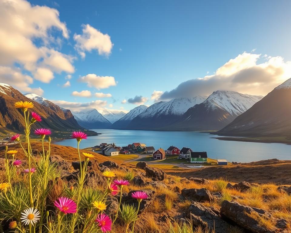 A breathtaking view of Siglufjörður, Iceland, capturing the picturesque fjord surrounded by majestic mountains. In the foreground, vibrant wildflowers sway gently in the breeze, adding splashes of color to the rocky terrain. The middle ground features a quaint fishing village with charming wooden houses painted in bright hues, nestled along the coastline. The background showcases towering snow-capped peaks under a clear blue sky, with soft, fluffy clouds casting playful shadows on the mountains. The lighting is warm and inviting, reminiscent of the golden hour, creating a serene and tranquil atmosphere. This composition is shot from a slightly elevated angle, providing a panoramic view that emphasizes the natural beauty of this hidden gem. A breathtaking view of Siglufjörður, Iceland, capturing the picturesque fjord surrounded by majestic mountains. In the foreground, vibrant wildflowers sway gently in the breeze, adding splashes of color to the rocky terrain. The middle ground features a quaint fishing village with charming wooden houses painted in bright hues, nestled along the coastline. The background showcases towering snow-capped peaks under a clear blue sky, with soft, fluffy clouds casting playful shadows on the mountains. The lighting is warm and inviting, reminiscent of the golden hour, creating a serene and tranquil atmosphere. This composition is shot from a slightly elevated angle, providing a panoramic view that emphasizes the natural beauty of this hidden gem.
