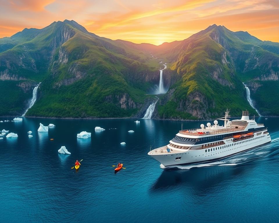 A breathtaking view of a Norwegian fjord cruise scene. In the foreground, a majestic cruise ship, elegantly designed, sails smoothly through deep blue waters dotted with icebergs. In the middle ground, steep, verdant cliffs rise dramatically, adorned with lush greenery and cascading waterfalls glistening in sunlight. A few kayakers, dressed in casual outdoor gear, navigate the serene waters nearby, adding a human element to the natural beauty. In the background, the sky is a vibrant gradient of oranges and yellows, hinting at sunrise or sunset, casting warm light on the fjord. The overall atmosphere is tranquil and awe-inspiring, evoking a sense of adventure and the breathtaking beauty of nature. The image is captured from a slightly elevated angle, showcasing the vastness of the fjord and the grandeur of the surrounding landscapes.