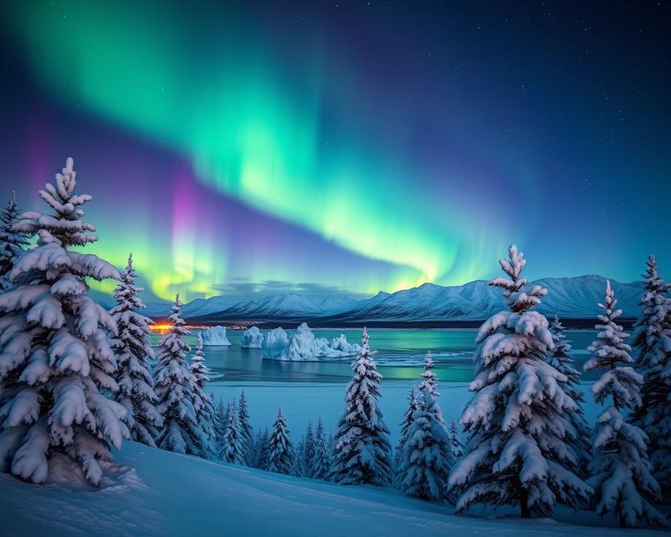 A breathtaking view of the Aurora Borealis illuminating the night sky over Lappland, Finland. In the foreground, snowy pine trees blanketed in fresh snow glisten under the vibrant green and purple hues of the northern lights. The middle ground features a serene frozen lake, reflecting the ethereal colors of the aurora, while softly lit ice formations add depth to the scene. In the background, majestic snow-covered hills rise up under a starry sky, creating a sense of vastness and tranquility. The atmosphere is magical and peaceful, evoking the wonder of witnessing the northern lights. Capture this moment with a wide-angle lens, emphasizing the spectacular display above while maintaining a warm, inviting light that contrasts the cool colors of the scene.