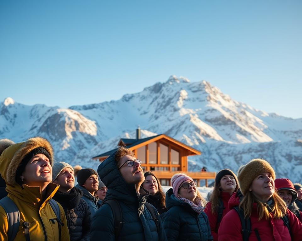A breathtaking view of the Kebnekaise Fjällstation, set against the majestic backdrop of Sweden's highest peak, Kebnekaise. In the foreground, a diverse group of adventurers, dressed in warm outdoor gear, engage in a guided mountain tour, gazing upwards with expressions of awe. The middle ground showcases the iconic station, a wooden lodge with large windows that reflect the surrounding snow-capped mountains. In the background, the rugged peaks of Kebnekaise rise dramatically under a clear blue sky, illuminated by soft, warm sunlight that casts gentle shadows. The atmosphere is one of excitement and discovery, capturing the essence of guided tours and courses in this stunning alpine landscape. The lighting should enhance the natural beauty, creating a sense of tranquility amidst the adventure.