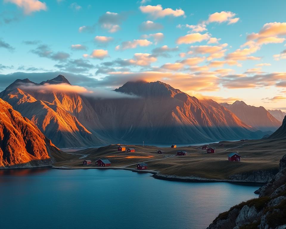A breathtaking view of the Lofoten Islands during the golden hour, capturing the essence of the best travel times to visit. In the foreground, a serene fjord reflects the stunning colors of sunset—warm oranges and soft pinks blending into the calm blue water. The middle ground showcases dramatic peaks of jagged mountains, partially shrouded in a light mist, emphasizing the rugged natural beauty. Sprinkled throughout the landscape, small traditional red fishing cabins add a touch of charm. In the background, the sky is alive with scattered clouds glowing in the evening light, creating a magical atmosphere. The scene is bathed in warm, soft lighting, evoking tranquility and adventure, perfect for inspiring travelers. The angle captures the sweeping landscape, enhancing the feeling of vastness and majesty in this unique Arctic paradise. A breathtaking view of the Lofoten Islands during the golden hour, capturing the essence of the best travel times to visit. In the foreground, a serene fjord reflects the stunning colors of sunset—warm oranges and soft pinks blending into the calm blue water. The middle ground showcases dramatic peaks of jagged mountains, partially shrouded in a light mist, emphasizing the rugged natural beauty. Sprinkled throughout the landscape, small traditional red fishing cabins add a touch of charm. In the background, the sky is alive with scattered clouds glowing in the evening light, creating a magical atmosphere. The scene is bathed in warm, soft lighting, evoking tranquility and adventure, perfect for inspiring travelers. The angle captures the sweeping landscape, enhancing the feeling of vastness and majesty in this unique Arctic paradise.