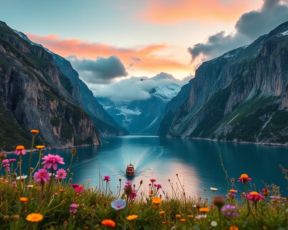 A breathtaking view of the Norwegian fjords at sunset, with dramatic cliffs rising steeply on either side of a serene, turquoise-blue fjord. In the foreground, wildflowers of varying colors create a vibrant contrast against the rocky terrain, while a calm water surface reflects the orange and pink hues of the sky. In the middle ground, a small wooden boat glides peacefully, capturing the tranquility of the scene. At the background, towering snow-capped mountains create a majestic skyline, shrouded in soft clouds. The atmosphere is tranquil, evoking a sense of wonder and adventure in nature. The lighting is warm and soft, highlighting the textures of the cliffs and the gentle ripples on the water, shot with a wide-angle lens from a low perspective to enhance depth. A breathtaking view of the Norwegian fjords at sunset, with dramatic cliffs rising steeply on either side of a serene, turquoise-blue fjord. In the foreground, wildflowers of varying colors create a vibrant contrast against the rocky terrain, while a calm water surface reflects the orange and pink hues of the sky. In the middle ground, a small wooden boat glides peacefully, capturing the tranquility of the scene. At the background, towering snow-capped mountains create a majestic skyline, shrouded in soft clouds. The atmosphere is tranquil, evoking a sense of wonder and adventure in nature. The lighting is warm and soft, highlighting the textures of the cliffs and the gentle ripples on the water, shot with a wide-angle lens from a low perspective to enhance depth.