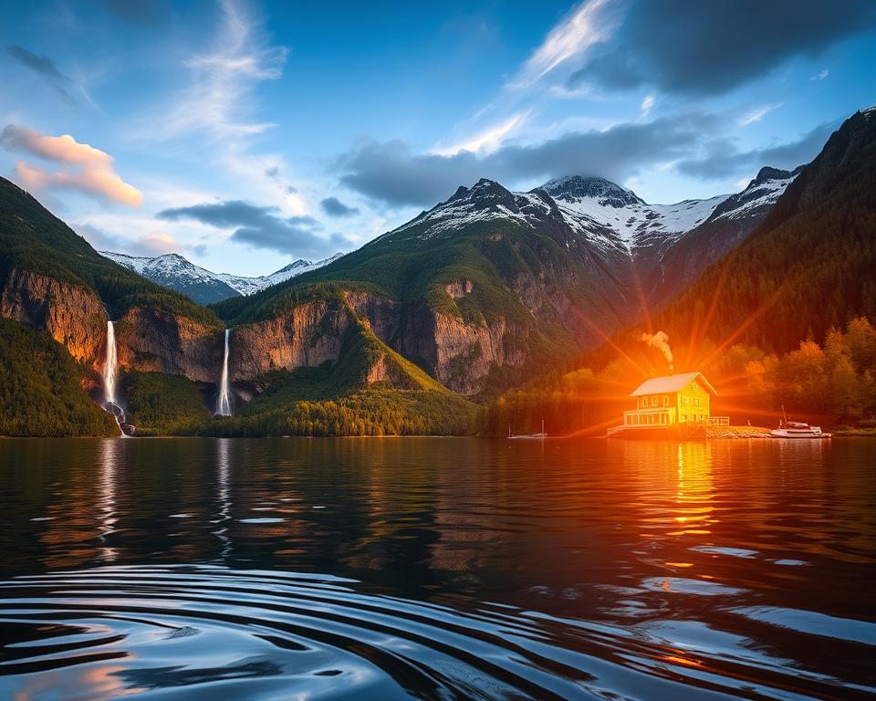 A breathtaking view of the beautiful Norwegian fjords during golden hour. In the foreground, a serene, reflective water surface captures the vibrant hues of the sunset, with gentle ripples created by a light breeze. The middle ground features steep, lush green cliffs adorned with cascading waterfalls, surrounded by dense forests. A small, cozy wooden cabin with smoke rising from the chimney can be seen nestled near the water's edge. In the background, majestic snow-capped mountains rise sharply against a deep blue sky, dotted with wispy clouds. The warm, soft light bathes the landscape in a tranquil glow, evoking a sense of peace and natural beauty, perfect for a captivating fjord experience.
