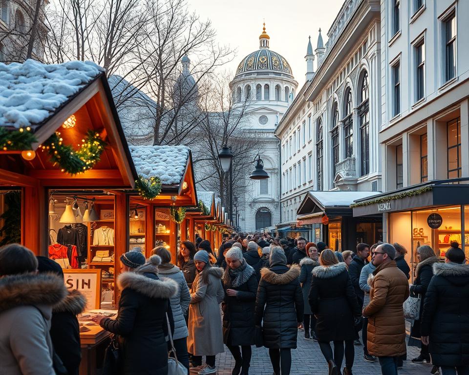 A bustling scene of winter shopping in Helsinki, featuring a stylish outdoor market lined with charming wooden stalls adorned with twinkling fairy lights. In the foreground, a diverse group of shoppers, dressed in warm, fashionable winter attire, browse through a selection of local design classics and cozy winter fashion. The middle ground showcases beautifully designed boutiques with large glass windows displaying unique Finnish handicrafts and vibrant seasonal clothing. In the background, iconic Helsinki architecture, such as the white Neoclassical buildings and the majestic Helsinki Cathedral, is dusted with light snow, creating a picturesque winter atmosphere. The image captures the vibrant energy of the city, with soft golden hour lighting that evokes warmth amidst the winter chill, framed from a slightly elevated angle to encompass the lively scene.