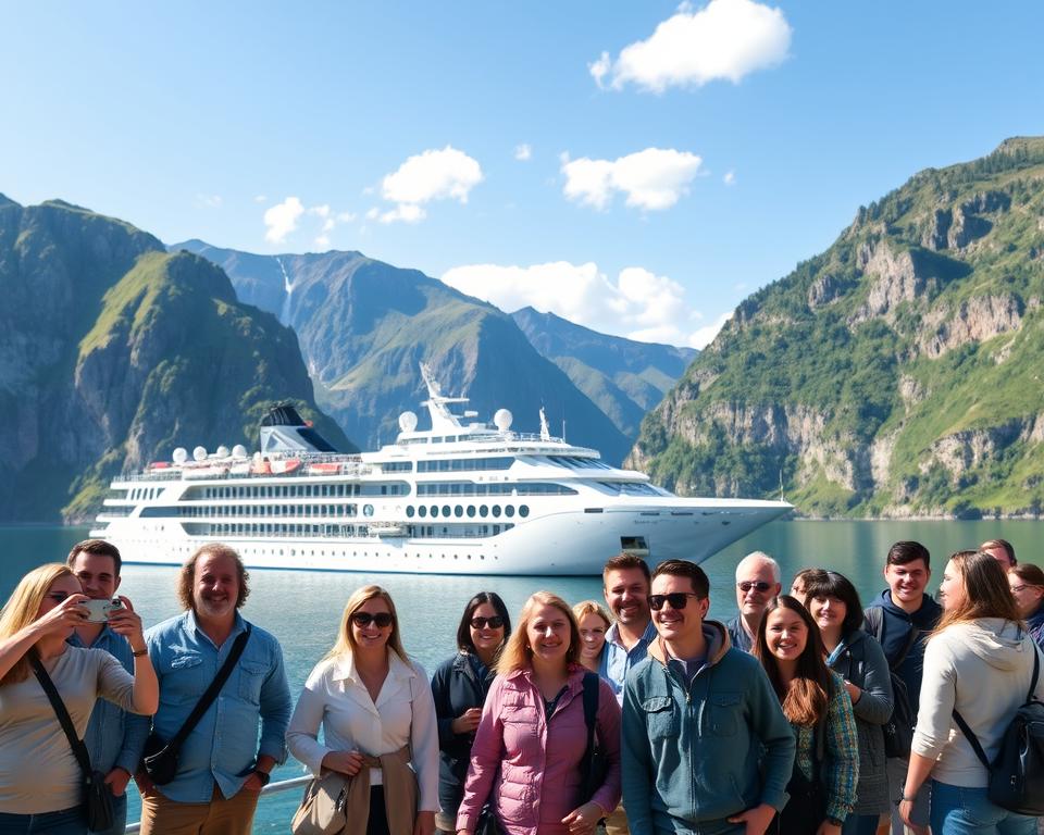 A captivating scene of a Norwegian fjord cruise, showcasing a picturesque itinerary. In the foreground, a group of diverse travelers, dressed in lightweight, casual clothing, are happily taking photographs with stunning fjord views behind them. The middle ground features a luxurious cruise ship anchored by towering, green cliffs with cascading waterfalls, reflecting the serene atmosphere of the fjord. In the background, dramatic mountains rise under a bright blue sky dotted with a few fluffy clouds. Soft, warm sunlight illuminates the scene, casting gentle shadows and enhancing the colors of the landscape. The overall mood is joyful and adventurous, inviting viewers to experience the beauty of the Norwegian fjords.