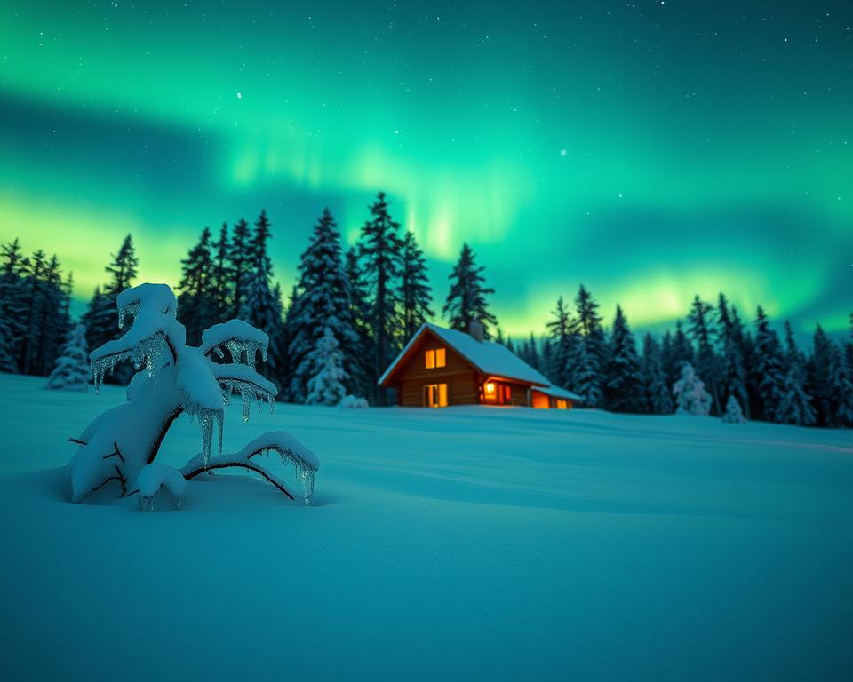 A captivating winter scene in Finnish Lapland, showcasing the best travel times for experiencing northern lights and snow adventures. In the foreground, a serene landscape blanketed in deep, untouched snow, dotted with shimmering icicles hanging from frosted trees. In the middle ground, a cozy wooden cabin with warm light glowing from its windows, surrounded by towering pine trees. The background features the ethereal dance of vibrant northern lights illuminating a starry night sky filled with constellations. Soft, diffused moonlight enhances the peaceful atmosphere, creating a magical, inviting mood. This enchanting composition captures the essence of Lapland's beauty in winter and the excitement of snow-filled adventures. The scene is optimized for a cinematic angle that draws the viewer into this breathtaking Arctic wilderness moment.