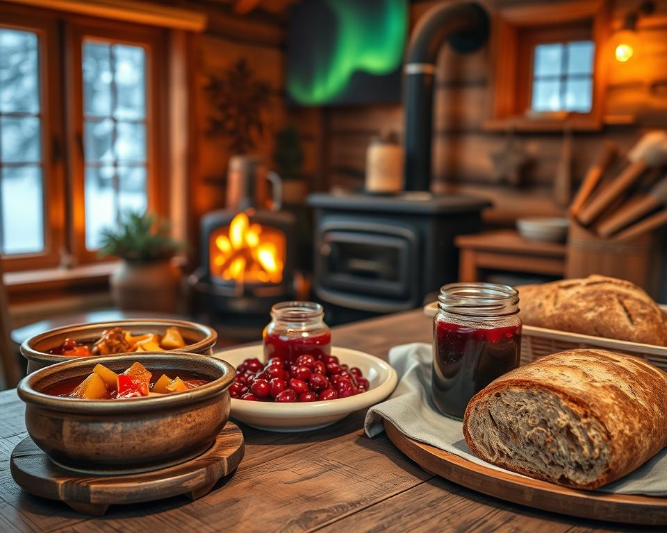 A cozy Finnish Lapland kitchen scene featuring a rustic wooden table laden with traditional Lapland dishes, such as reindeer stew in a rustic bowl, cloudberry jam in a charming glass jar, and homemade rye bread on a linen cloth. The foreground showcases these savory delights, vibrant and inviting. In the middle ground, a wood-burning stove emanates a warm glow, casting soft light across the room. The background reveals snow-laden windows with the enchanting northern lights twinkling through, creating a magical atmosphere. The lighting is warm and golden, evoking a sense of comfort and homeliness. The overall mood is inviting and authentic, immersing viewers in the flavors and charm of Lappländische Küche.