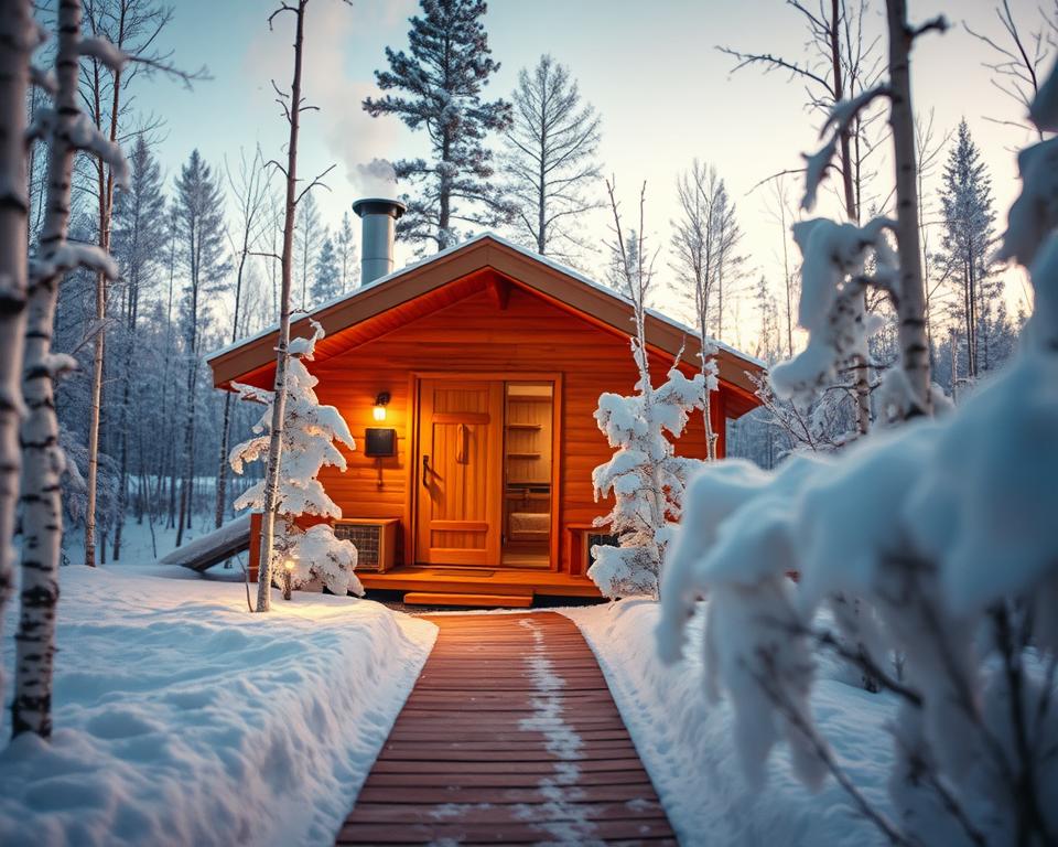 A cozy Finnish sauna nestled in the snowy landscapes of Lapland during winter. In the foreground, an inviting wooden sauna with steam rising from its chimney, surrounded by snow-draped birch trees. The middle layer features a small wooden path leading to the sauna, lined with glistening frost. In the background, soft, twinkling lights give a warm glow against the twilight sky, creating a magical atmosphere. The scene is captured from a slightly low angle, emphasizing the sauna's rustic charm. The lighting is warm and soft, evoking a sense of tranquility and relaxation typical of sauna culture. The overall mood is serene and inviting, perfect for a peaceful winter retreat.