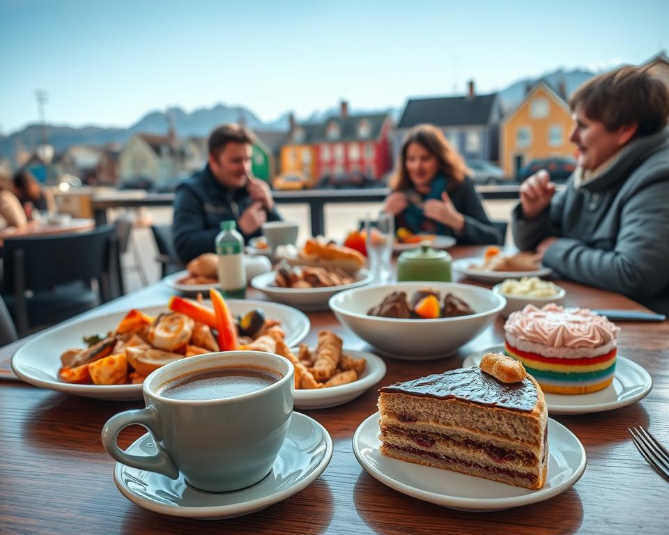 A cozy café setting in Siglufjörður, Iceland, showcasing a table beautifully arranged with traditional regional dishes such as fresh seafood, lamb stew, and colorful desserts. In the foreground, a steaming cup of locally brewed coffee sits next to a slice of traditional Icelandic cake, with delicate frostings glistening. The middle ground features diners enjoying their meals, dressed in modest, casual clothing, exuding warmth and happiness. The background reveals charming, colorful buildings characteristic of Siglufjörður, under a clear blue sky, with mountains gently rising in the distance. Soft, natural lighting enhances the inviting atmosphere, creating a sense of community and celebration of local gastronomy. A cozy café setting in Siglufjörður, Iceland, showcasing a table beautifully arranged with traditional regional dishes such as fresh seafood, lamb stew, and colorful desserts. In the foreground, a steaming cup of locally brewed coffee sits next to a slice of traditional Icelandic cake, with delicate frostings glistening. The middle ground features diners enjoying their meals, dressed in modest, casual clothing, exuding warmth and happiness. The background reveals charming, colorful buildings characteristic of Siglufjörður, under a clear blue sky, with mountains gently rising in the distance. Soft, natural lighting enhances the inviting atmosphere, creating a sense of community and celebration of local gastronomy.