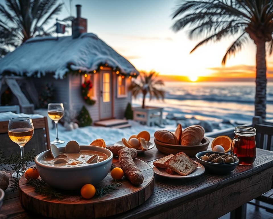 A cozy winter scene depicting culinary delights on a picturesque island. In the foreground, a rustic wooden table is laden with an assortment of seasonal dishes: a steaming bowl of clam chowder, freshly baked bread, and spiced mulled wine, all surrounded by aromatic herbs and citrus fruits. The middle ground features a charming seaside cottage with smoke gently wafting from the chimney, adorned with winter decorations like pine garlands and fairy lights. In the background, there are snow-dusted palm trees facing a tranquil sea under a soft sunset glow, casting warm orange and pink hues across the sky. The scene captures a serene, inviting atmosphere, emphasizing the warmth of winter festivities by the ocean. The lighting is soft and ambient, enhancing the cozy and inviting mood, shot with a slight bokeh effect to create depth.