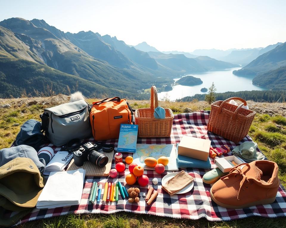 A detailed packing list for a family vacation in Norway, creatively arranged as a visually inviting flat lay. The foreground features neatly organized items essential for a family trip: warm clothing like jackets and hats, hiking gear, a map of Norway, travel-sized toiletries, a camera, and children's toys. In the middle ground, a cozy blanket is spread out invitingly, with a picnic basket and snacks like fruits and sandwiches. The background showcases a picturesque Norwegian landscape with mountains, lush greenery, and a serene lake, capturing the essence of the outdoors. The lighting is soft and natural, suggesting a sunny day, with a warm and cheerful atmosphere perfect for family adventures. The scene is composed at a slight angle to create depth and engagement.