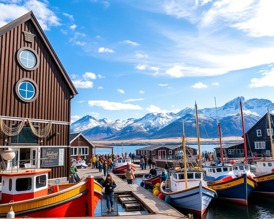 A detailed view of the Herring Era Museum in Siglufjörður, Iceland, showcasing traditional fishing boats in vibrant colors moored in the harbor. In the foreground, exquisite wooden architecture of the museum reflects its maritime heritage, with porthole windows and fishnet decorations. The middle ground features the bustling harbor, alive with fishermen preparing their catches and people strolling, dressed in warm, casual clothing. The background reveals majestic mountains under a clear blue sky, with soft white clouds casting gentle shadows. The scene is illuminated by warm, natural sunlight, creating an inviting and nostalgic atmosphere that highlights the cultural significance of the region’s herring boom. The angle should be slightly elevated to capture the essence of both the museum and the stunning landscape. A detailed view of the Herring Era Museum in Siglufjörður, Iceland, showcasing traditional fishing boats in vibrant colors moored in the harbor. In the foreground, exquisite wooden architecture of the museum reflects its maritime heritage, with porthole windows and fishnet decorations. The middle ground features the bustling harbor, alive with fishermen preparing their catches and people strolling, dressed in warm, casual clothing. The background reveals majestic mountains under a clear blue sky, with soft white clouds casting gentle shadows. The scene is illuminated by warm, natural sunlight, creating an inviting and nostalgic atmosphere that highlights the cultural significance of the region’s herring boom. The angle should be slightly elevated to capture the essence of both the museum and the stunning landscape.