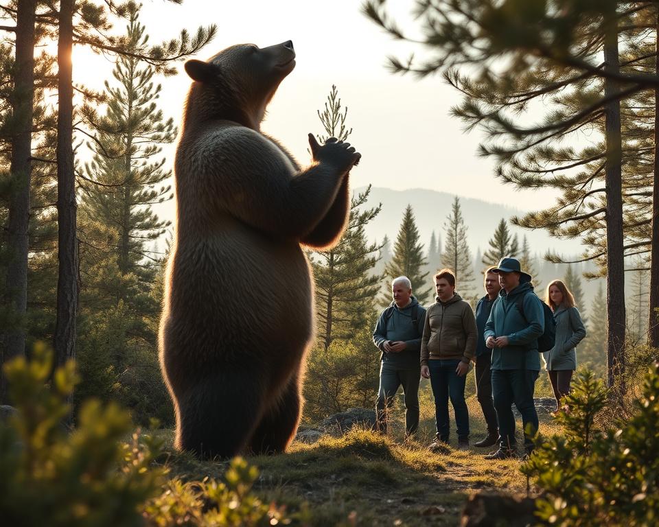 A dramatic scene illustrating a bear-human conflict in a Swedish forest. In the foreground, a majestic brown bear stands on its hind legs, its powerful body emphasizing both strength and uncertainty. A group of concerned hikers, dressed in modest casual clothing, observe from a safe distance, fear and fascination etched on their faces. In the middle ground, dense foliage and pine trees create a natural barrier, adding depth to the scene, while sunlight filters through the branches, casting a warm, golden hue. In the background, a distant mountain range fades into soft fog, enhancing the isolation of this wilderness. The mood is tense yet awe-inspiring, capturing the unpredictable nature of wildlife encounters in their natural habitat. A dramatic scene illustrating a bear-human conflict in a Swedish forest. In the foreground, a majestic brown bear stands on its hind legs, its powerful body emphasizing both strength and uncertainty. A group of concerned hikers, dressed in modest casual clothing, observe from a safe distance, fear and fascination etched on their faces. In the middle ground, dense foliage and pine trees create a natural barrier, adding depth to the scene, while sunlight filters through the branches, casting a warm, golden hue. In the background, a distant mountain range fades into soft fog, enhancing the isolation of this wilderness. The mood is tense yet awe-inspiring, capturing the unpredictable nature of wildlife encounters in their natural habitat.