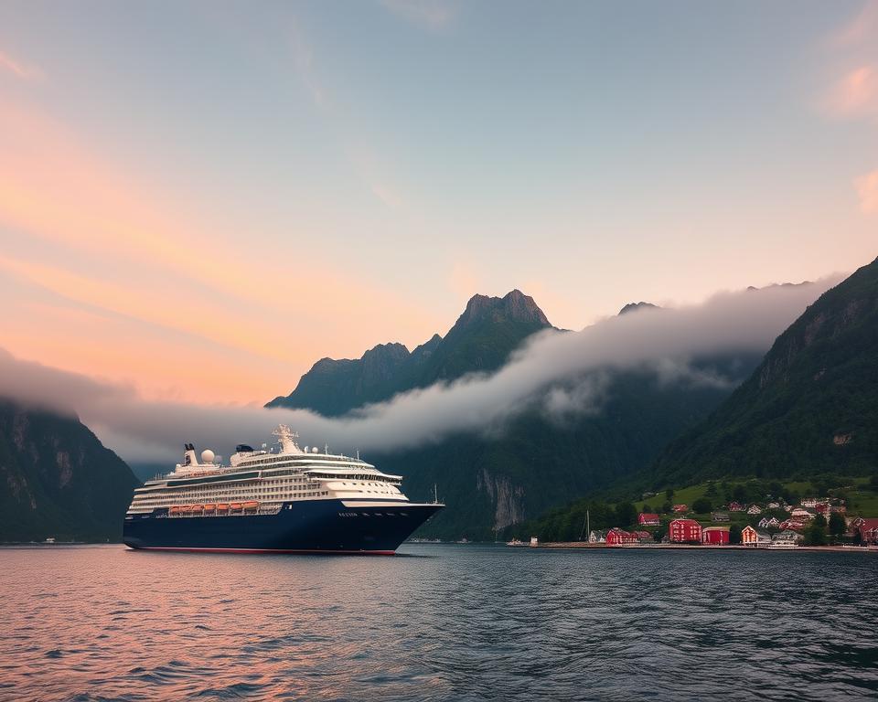 A majestic view of a Norwegian fjord cruise setting off from Kiel, Germany. In the foreground, a sleek, modern cruise ship with white and navy blue hues is gently sailing through calm, crystal-clear waters. In the middle ground, lush green cliffs rise dramatically, dotted with quaint, colorful village houses along the shore. The background features towering, jagged mountains enveloped in mist, creating a sense of adventure and exploration. The sky is a stunning gradient of pastel sunset colors—soft pinks, purples, and oranges—illuminating the scene with warm golden light. The atmosphere is serene yet invigorating, capturing the beauty and allure of Norway's coastal landscapes. The image has a slightly elevated perspective, taken as if from a drone, enhancing the grandeur of the scenery.