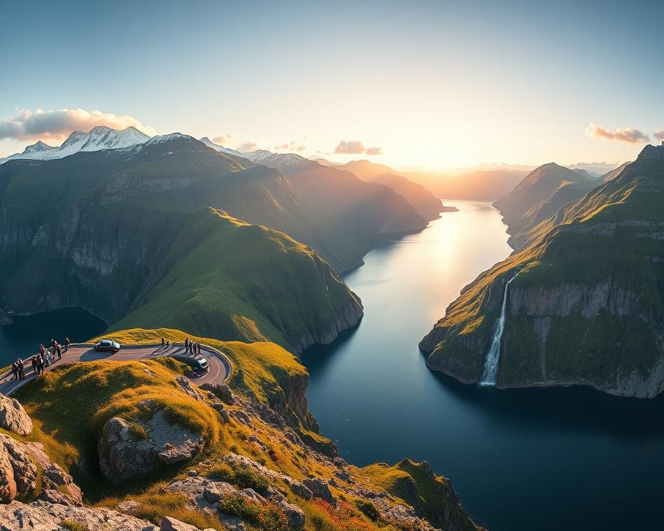 A panoramic view of the breathtaking Fjordroute in Norway, showcasing dramatic cliffs and deep blue waters. In the foreground, a winding road hugs the rocky cliffs, with a few scenic overlooks featuring small groups of people, dressed in casual outdoor clothing, admiring the landscape. In the middle ground, lush green hills rise steeply from the fjord, dotted with vibrant wildflowers, while a cascading waterfall tumbles into the water below. The background reveals towering snow-capped mountains under a soft, golden sunset, casting warm light across the scene. The overall atmosphere is serene and majestic, with clear skies and gentle clouds enhancing the natural beauty of the fjord. The perspective is wide-angle, inviting viewers to feel the openness of this stunning location. A panoramic view of the breathtaking Fjordroute in Norway, showcasing dramatic cliffs and deep blue waters. In the foreground, a winding road hugs the rocky cliffs, with a few scenic overlooks featuring small groups of people, dressed in casual outdoor clothing, admiring the landscape. In the middle ground, lush green hills rise steeply from the fjord, dotted with vibrant wildflowers, while a cascading waterfall tumbles into the water below. The background reveals towering snow-capped mountains under a soft, golden sunset, casting warm light across the scene. The overall atmosphere is serene and majestic, with clear skies and gentle clouds enhancing the natural beauty of the fjord. The perspective is wide-angle, inviting viewers to feel the openness of this stunning location.