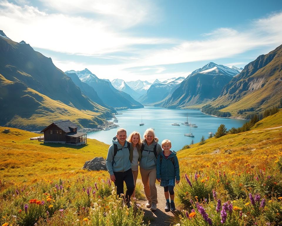 A picturesque landscape of Norway during the ideal family vacation season. In the foreground, a cheerful family of four enjoying a hike, dressed in modest casual clothing, surrounded by lush green hills and colorful wildflowers. The middle ground features a sparkling fjord dotted with small boats and a charming wooden cabin, symbolizing the warmth and coziness of Norwegian culture. In the background, majestic snow-capped mountains rise against a clear blue sky with soft, diffused sunlight casting a gentle glow over the scene. The atmosphere is warm and inviting, perfect for a family adventure, capturing the beauty of nature and the joy of family bonding. Use a wide-angle lens to emphasize the vastness of the landscape, with vibrant colors that evoke happiness and exploration.