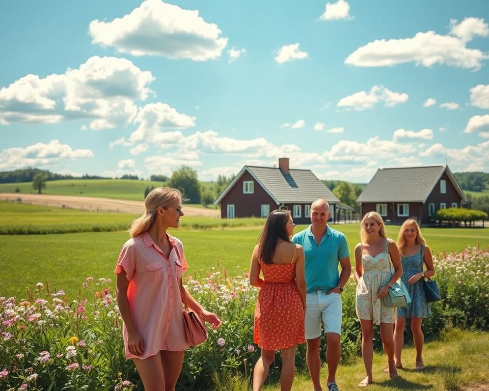 A picturesque scene capturing the essence of summer in Sweden, showcasing a vibrant outdoor setting. In the foreground, a group of individuals dressed in light, stylish summer clothing—brightly colored shirts, breezy dresses, and comfortable shorts—enjoying a sunny day, engaging in relaxed conversations. The middle ground features a scenic view of lush green fields and blooming wildflowers, alongside a charming Swedish wooden house with traditional architecture. In the background, the serene blue sky is dotted with fluffy white clouds, enhancing the idyllic atmosphere. Natural sunlight bathes the scene in a warm glow, creating inviting shadows. The overall mood should evoke a sense of joy and tranquility, reflecting the beauty of summer in Sweden. A picturesque scene capturing the essence of summer in Sweden, showcasing a vibrant outdoor setting. In the foreground, a group of individuals dressed in light, stylish summer clothing—brightly colored shirts, breezy dresses, and comfortable shorts—enjoying a sunny day, engaging in relaxed conversations. The middle ground features a scenic view of lush green fields and blooming wildflowers, alongside a charming Swedish wooden house with traditional architecture. In the background, the serene blue sky is dotted with fluffy white clouds, enhancing the idyllic atmosphere. Natural sunlight bathes the scene in a warm glow, creating inviting shadows. The overall mood should evoke a sense of joy and tranquility, reflecting the beauty of summer in Sweden.