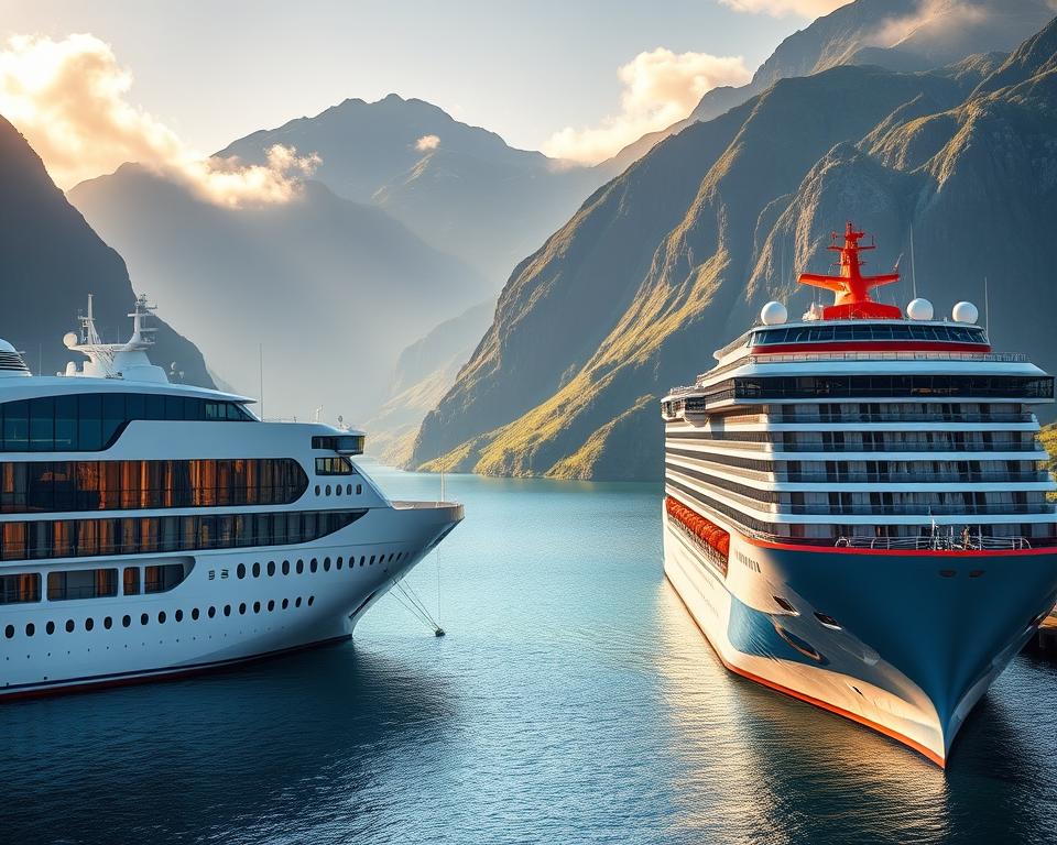 A picturesque scene featuring two impressive cruise ships side by side, set against the breathtaking backdrop of the Norwegian fjords. In the foreground, the sleek and modern design of the first cruise ship, with large glass windows reflecting the stunning scenery, while the second ship exudes classic elegance with its traditional hull and bright colors. The middle ground showcases a calm, azure fjord waterway, shimmering under soft, golden sunlight, enhancing the serene atmosphere. In the background, towering green mountains rise up, draped in wisps of mist, adding depth to the scene. Capture this panoramic view using a wide-angle lens for a sense of grandeur, while the warm lighting creates a welcoming ambiance, inviting viewers to explore the majesty of Norway's cruises.