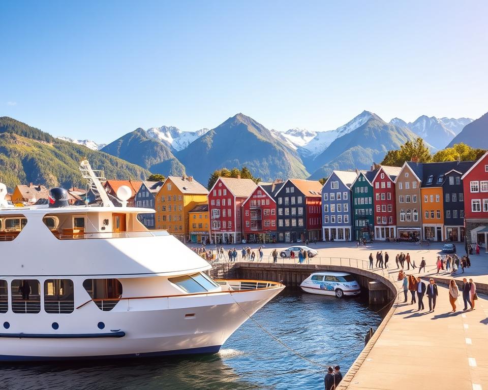A picturesque scene of Bergen, Norway, showcasing its vibrant architectural beauty along the waterfront. In the foreground, a charming fjord cruise ship is docked at a bustling harbor, surrounded by tourists in business casual attire enjoying the view. The middle ground features the iconic colorful wooden houses of Bryggen, reflecting their historic charm, with people strolling along the promenade. In the background, majestic fjords rise dramatically, cloaked in lush green forests and snow-capped peaks under a clear blue sky. The lighting is warm and inviting, capturing the late afternoon sun casting a golden glow over the landscape. The mood is lively and welcoming, illustrating the allure of exploring Norway’s stunning coastal cities.