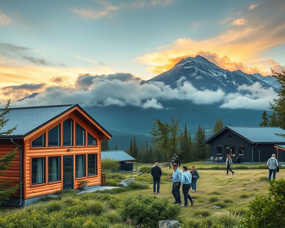 A picturesque scene of the Kebnekaise Fjällstation in Sweden, showcasing its sustainable architecture harmonizing with the natural landscape. In the foreground, a charming wooden building with large windows reflects eco-friendly design, surrounded by lush greenery. The middle ground features visitors in professional casual attire engaging with nature, emphasizing eco-tourism and environmental consciousness. The background reveals the majestic Kebnekaise mountain range, partially shrouded in mist, under a dramatic sky at sunset, casting warm golden hues over the scene. The atmosphere is serene and inspiring, inviting viewers to appreciate the beauty of sustainability in this stunning wilderness. Utilize soft, natural lighting to evoke a peaceful mood, shot from a slightly elevated angle to capture both the fjällstation and its stunning surroundings.