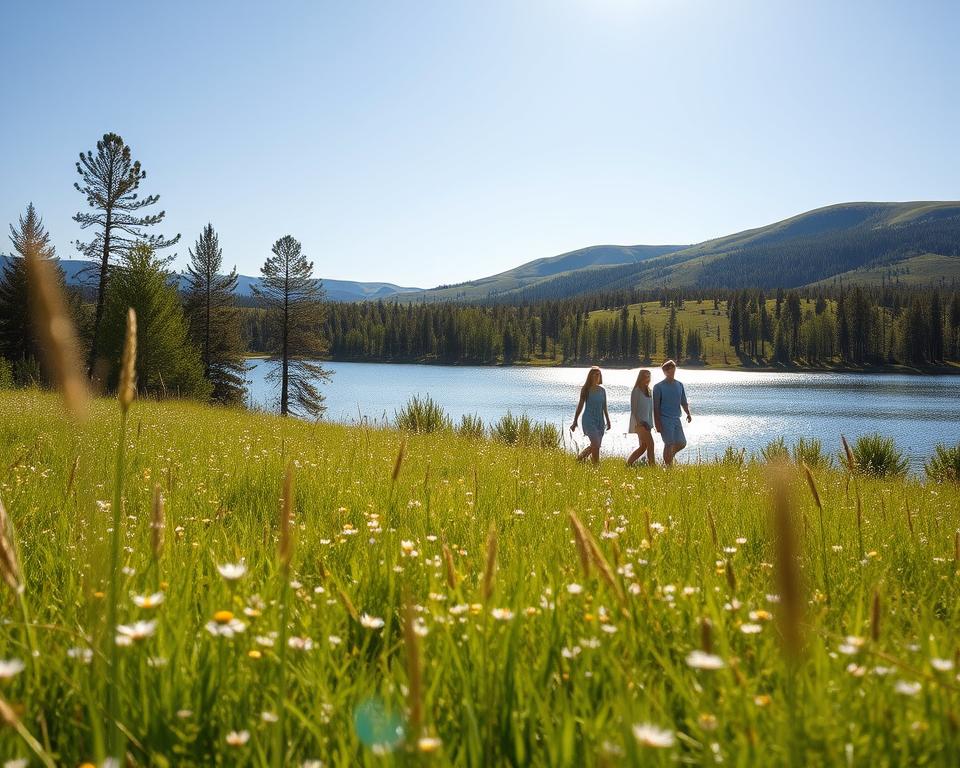 A picturesque summer scene in Sweden during June, showcasing the beauty of the natural landscape. In the foreground, a vibrant green meadow dotted with delicate wildflowers sways gently in the breeze. In the middle ground, a calm, shimmering lake reflects the clear blue sky, surrounded by lush pine trees and birch groves. A few people dressed in light, casual summer attire stroll along the lakeside, enjoying the warmth of the sun, their expressions relaxed and joyful. In the background, the rolling hills of the Swedish countryside rise gently, under a brilliant sunlight that bathes the scene in a warm, inviting glow. The mood is serene and uplifting, evoking a sense of tranquility and appreciation for nature's beauty. Capture this scene with a soft focus lens for a dreamy atmosphere. A picturesque summer scene in Sweden during June, showcasing the beauty of the natural landscape. In the foreground, a vibrant green meadow dotted with delicate wildflowers sways gently in the breeze. In the middle ground, a calm, shimmering lake reflects the clear blue sky, surrounded by lush pine trees and birch groves. A few people dressed in light, casual summer attire stroll along the lakeside, enjoying the warmth of the sun, their expressions relaxed and joyful. In the background, the rolling hills of the Swedish countryside rise gently, under a brilliant sunlight that bathes the scene in a warm, inviting glow. The mood is serene and uplifting, evoking a sense of tranquility and appreciation for nature's beauty. Capture this scene with a soft focus lens for a dreamy atmosphere.