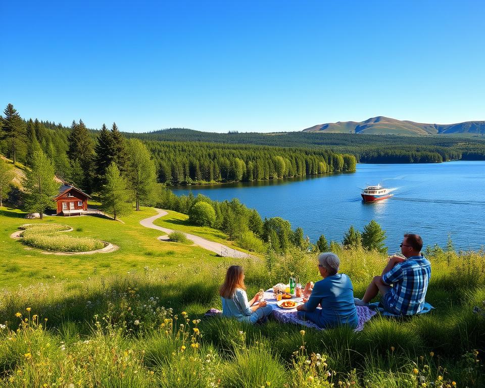 A picturesque summer scene in Sweden, showcasing a serene lakeside landscape with lush green forests under a clear blue sky. In the foreground, a family dressed in modest casual clothing enjoys a picnic on a grassy area, surrounded by wildflowers. The middle ground features a tranquil lake reflecting the sunlight, with a small boat gliding across the water. To the left, a quaint Swedish cottage peeks through the trees, its wooden structure warm and inviting. The background showcases gently rolling hills, dotted with patches of blooming wildflowers. The overall mood is warm and inviting, with soft, natural lighting highlighting the vibrant colors of summer. The image captures the ideal travel experience in Sweden during the best times of the year based on temperature preferences. A picturesque summer scene in Sweden, showcasing a serene lakeside landscape with lush green forests under a clear blue sky. In the foreground, a family dressed in modest casual clothing enjoys a picnic on a grassy area, surrounded by wildflowers. The middle ground features a tranquil lake reflecting the sunlight, with a small boat gliding across the water. To the left, a quaint Swedish cottage peeks through the trees, its wooden structure warm and inviting. The background showcases gently rolling hills, dotted with patches of blooming wildflowers. The overall mood is warm and inviting, with soft, natural lighting highlighting the vibrant colors of summer. The image captures the ideal travel experience in Sweden during the best times of the year based on temperature preferences.
