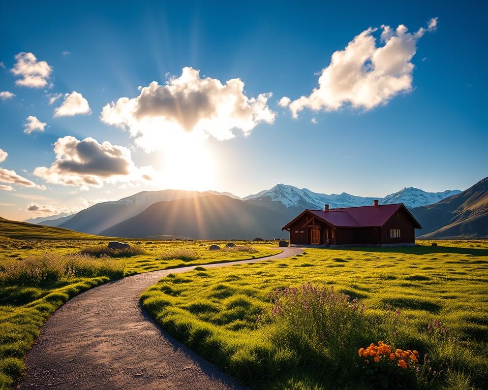 A picturesque view of the Kebnekaise Fjällstation in Sweden during the early morning hours, with soft, golden sunlight filtering through scattered clouds. In the foreground, a winding path leads to the station, surrounded by lush green grass and colorful wildflowers, hinting at the beauty of the Swedish landscape. The middle ground features the distinctive architecture of the Kebnekaise Fjällstation, a rustic, wooden building with a red roof, designed to blend seamlessly into the mountainous terrain. In the background, the majestic Kebnekaise mountains rise dramatically, their summits covered in snow, creating a stunning contrast against the deep blue sky. The atmosphere is serene and inviting, capturing the essence of adventure and natural beauty that awaits visitors.
