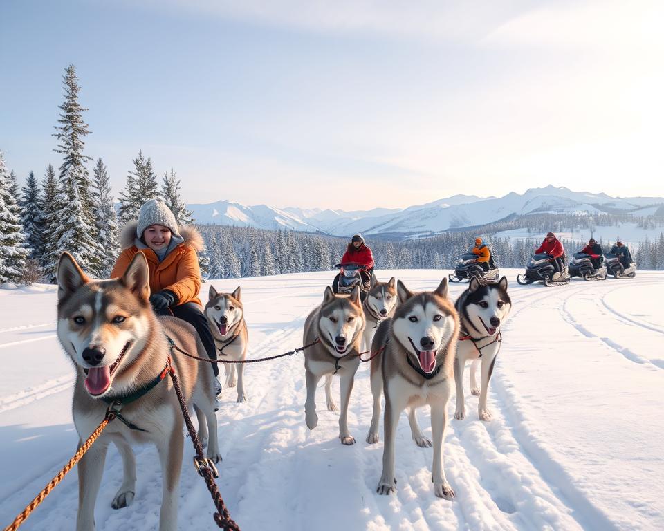 A picturesque winter scene in Finnish Lapland, showcasing a thrilling husky sledding adventure. In the foreground, a team of energetic grey and white huskies, harnessed together, pull a sled driven by a smiling individual in cozy winter attire. The middle ground features a gentle slope lined with snow-covered evergreens and a group of tourists enjoying a snowmobile tour, dressed in bright, warm clothing. The background reveals majestic, snow-capped mountains under a pale blue sky, with soft, diffused sunlight illuminating the landscape, creating a serene and magical atmosphere. The scene captures the essence of winter activities, evoking a sense of adventure and excitement in the heart of Lapland.