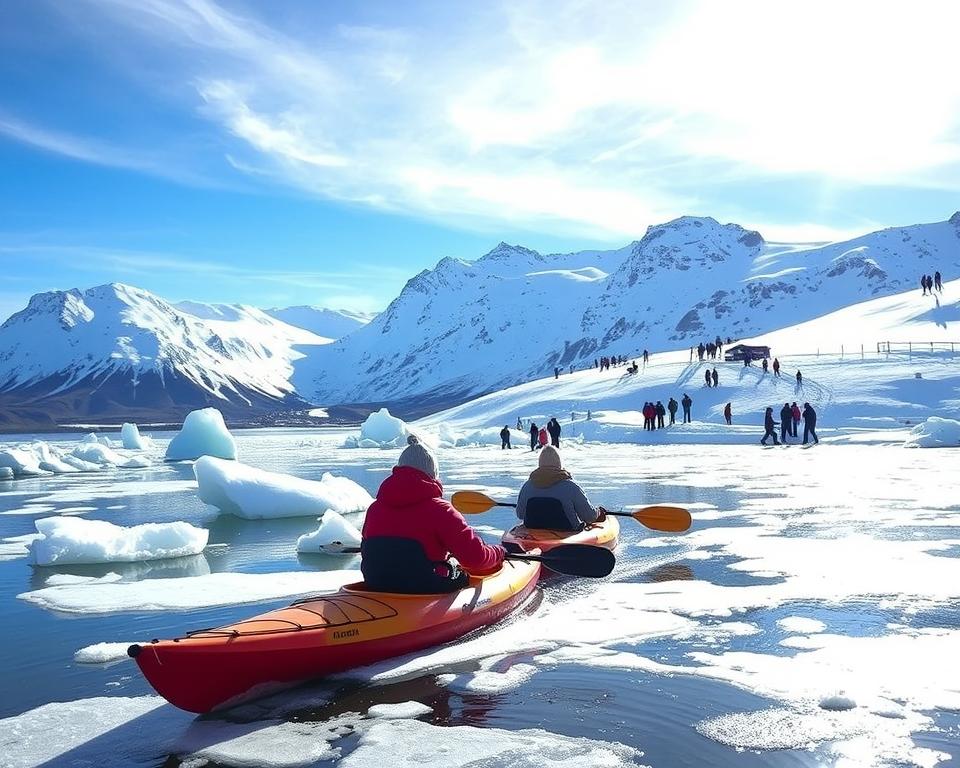 A picturesque winter scene in Siglufjörður, Iceland, showcasing a variety of outdoor activities. In the foreground, two individuals dressed in warm, casual winter attire engage in kayaking on a partially frozen fjord, paddling amidst floating icebergs. The middle ground features a group of people enjoying snow sports, such as skiing and snowboarding, on a nearby snow-covered slope surrounded by rugged mountains. The background displays a striking winter landscape with snow-capped peaks under a bright, clear blue sky, highlighting the stunning natural beauty of the area. The scene is illuminated by soft, natural sunlight, casting gentle shadows and creating a serene, adventurous atmosphere filled with excitement and tranquility. A picturesque winter scene in Siglufjörður, Iceland, showcasing a variety of outdoor activities. In the foreground, two individuals dressed in warm, casual winter attire engage in kayaking on a partially frozen fjord, paddling amidst floating icebergs. The middle ground features a group of people enjoying snow sports, such as skiing and snowboarding, on a nearby snow-covered slope surrounded by rugged mountains. The background displays a striking winter landscape with snow-capped peaks under a bright, clear blue sky, highlighting the stunning natural beauty of the area. The scene is illuminated by soft, natural sunlight, casting gentle shadows and creating a serene, adventurous atmosphere filled with excitement and tranquility.
