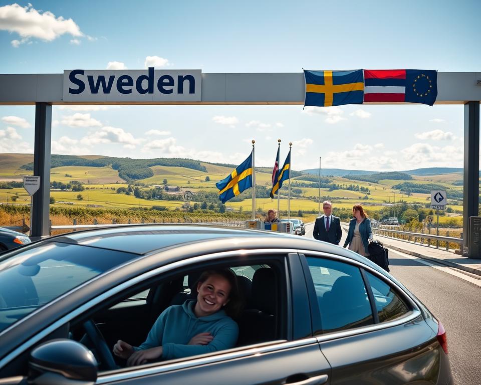 A scenic border crossing into Sweden, featuring a modern checkpoint with clear signage indicating "Sweden." In the foreground, a car with a modest family inside, smiling as they complete border formalities. In the middle, border control officers dressed in professional attire, engaging with travelers, surrounded by flags of Sweden and neighboring countries. The background showcases a picturesque Swedish landscape with lush greenery and rolling hills under a bright, sunny sky. The scene is illuminated by warm, natural light, capturing the hopeful and reassuring atmosphere of travel and adventure. The viewpoint is slightly elevated, providing a clear perspective of the border area and the beautiful surroundings.