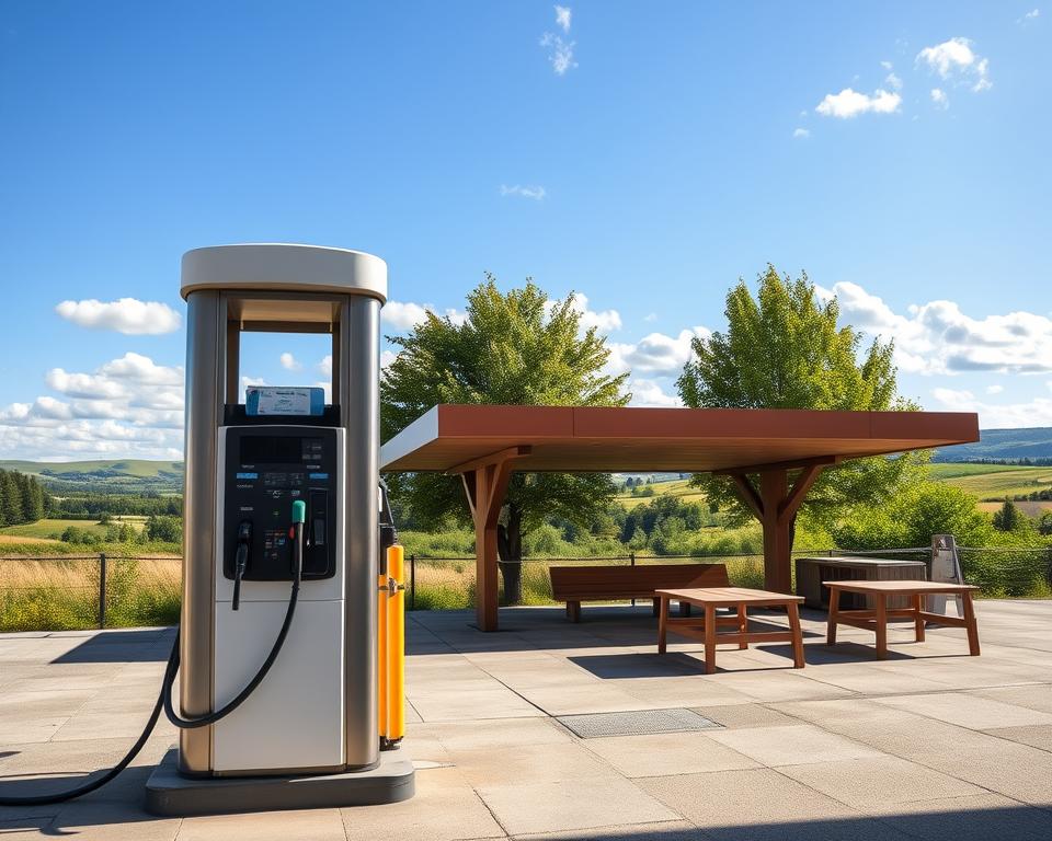 A scenic gas station in Sweden during a bright summer day. In the foreground, a well-maintained gas pump stands prominently, gleaming under the sunlight. The middle ground features a cozy, modern rest area with wooden benches and tables, where travelers can relax, surrounded by lush green trees and the gentle lap of nearby water. In the background, a picturesque Swedish landscape unfolds, showcasing rolling hills and a clear blue sky dotted with fluffy white clouds. The lighting is warm and inviting, casting soft shadows across the scene. The composition is captured from a slightly elevated angle, giving a sense of openness and tranquility, evoking a mood of refreshment and adventure on a road trip.