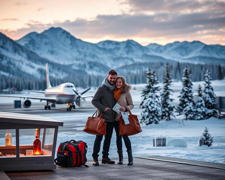 A scenic landscape depicting the journey from Germany to Lapland, Finland, emphasizing the serene beauty of winter travel. In the foreground, a well-dressed couple stands near a cozy airport terminal, holding winter gear and maps, dressed in stylish yet appropriate clothing. The middle ground features an airplane on a runway amidst a gentle snowfall, with subtle hints of a European airport environment. In the background, majestic snow-covered mountains and pine trees create a stunning natural backdrop under a soft twilight sky, illuminated by the warm glow of sunset. The atmosphere evokes excitement and anticipation for an adventure in Finnish Lapland, with a sense of tranquility and adventure. The image captures the magic of travel through a winter landscape, conveying both a journey and destination.