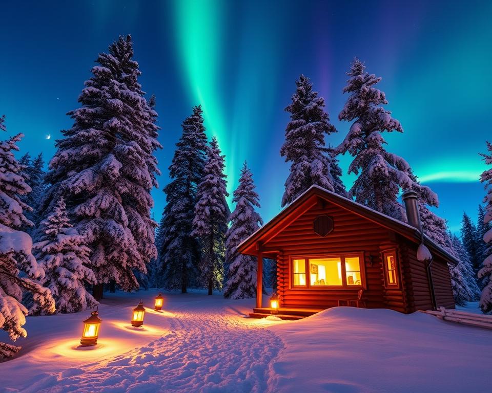 A scenic travel itinerary for a Northern Lights tour in Finnish Lapland, featuring a cozy wooden cabin nestled amidst snow-covered pines. In the foreground, a glowing warm light emanates from the windows of the cabin, inviting and comforting against the cold blue twilight. In the middle ground, a snow-covered path leads to the cabin, dotted with lanterns illuminating the way. The background displays the breathtaking Aurora Borealis dancing across the night sky in vibrant greens and purples, casting a magical glow. The landscape is tranquil, with soft snow underfoot, creating a serene atmosphere. Showcase soft lighting that highlights the natural beauty of the scene, evoking feelings of wonder and adventure. The scene should feel enchanting and peaceful, ideal for a travel article.