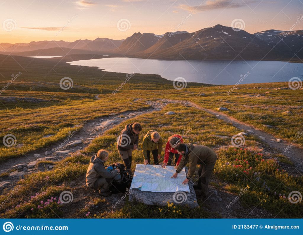 A scenic view of Femundsmarka National Park during the golden hour, showcasing a diverse landscape of lush green valleys, intricate lakes, and rugged mountains in the distance. In the foreground, a small group of hikers dressed in casual outdoor clothing equipped with backpacks, studying a detailed map while planning their route. The middle ground features winding trails dotted with wildflowers, leading towards the shimmering blue lake. The background displays the majestic peaks of the mountains under a soft, warm sunset light. The sky is painted in hues of orange and pink, creating a serene and inviting atmosphere for outdoor adventure and exploration. The composition captures the essence of tour planning and the natural beauty of Femundsmarka, inspiring a sense of wanderlust. A scenic view of Femundsmarka National Park during the golden hour, showcasing a diverse landscape of lush green valleys, intricate lakes, and rugged mountains in the distance. In the foreground, a small group of hikers dressed in casual outdoor clothing equipped with backpacks, studying a detailed map while planning their route. The middle ground features winding trails dotted with wildflowers, leading towards the shimmering blue lake. The background displays the majestic peaks of the mountains under a soft, warm sunset light. The sky is painted in hues of orange and pink, creating a serene and inviting atmosphere for outdoor adventure and exploration. The composition captures the essence of tour planning and the natural beauty of Femundsmarka, inspiring a sense of wanderlust.