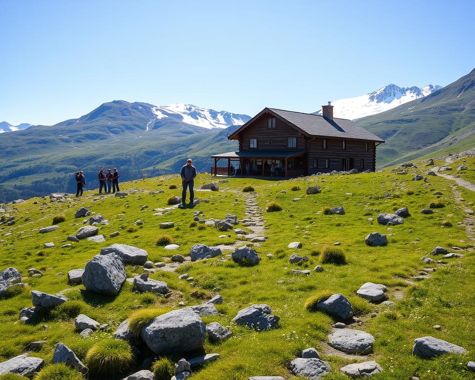 A scenic view of Kebnekaise Fjällstation, a charming mountain lodge surrounded by the breathtaking landscapes of Swedish Lapland. In the foreground, rocky trails meandering through vibrant green tundra dotted with wildflowers, inviting hikers. In the middle ground, the welcoming wooden structure of the Fjällstation, with people in modest outdoor clothing, some preparing for hikes, others enjoying the view. The background features the majestic peaks of Kebnekaise, snow-capped and glistening under a clear blue sky. The atmosphere is serene and adventurous, captured in soft natural light. The lens should focus on a wide-angle view to encompass the vastness of the landscape, highlighting the beauty and allure of the hiking routes.
