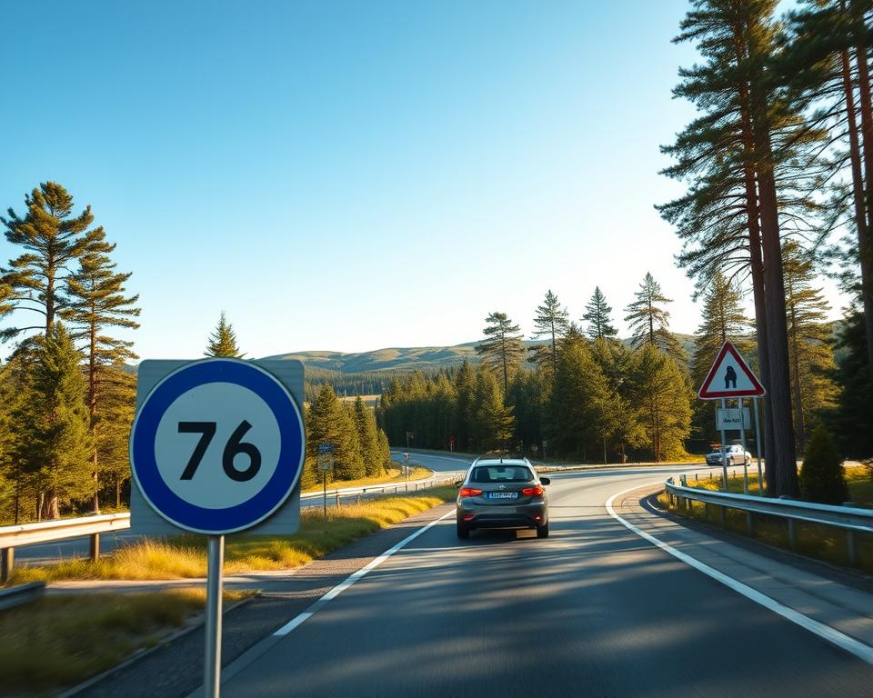 A scenic view of Swedish traffic rules in action, focusing on a serene highway lined with tall pine trees. In the foreground, a clear road sign indicating speed limits and a yield sign, beautifully designed in blue and white, captures the essence of Swedish driving culture. In the middle ground, a family in their car, dressed in casual but modest clothing, is navigating the road with caution. In the background, a picturesque landscape of rolling hills and a bright blue sky enhances the setting. The sunlight casts a warm glow, creating a tranquil atmosphere. The image should have a wide-angle perspective to capture the expansive view of the road and nature, emphasizing the peaceful yet responsible nature of driving in Sweden.