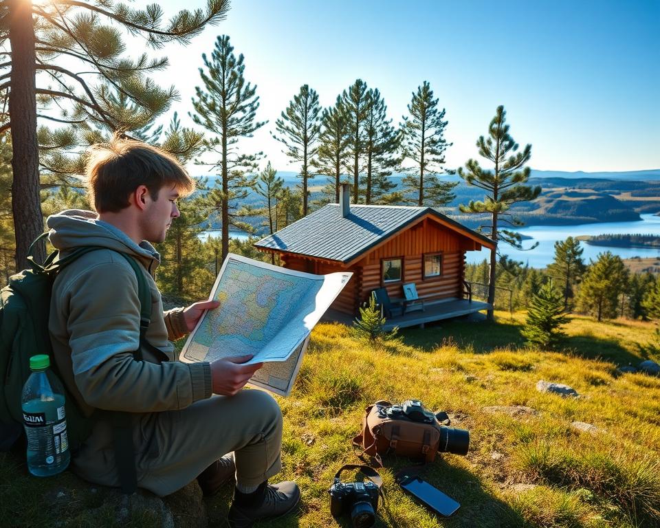 A scenic view of a Swedish landscape showcasing the beauty of nature as a backdrop for travel preparation. In the foreground, a traveler dressed in modest casual clothing is examining a map, surrounded by essential travel gear like a backpack, water bottle, and a camera. The middle ground features a cozy wooden cabin and pine trees, evoking a sense of adventure and exploration. Soft sunlight filters through the foliage, casting gentle shadows and highlighting the vibrant colors of the environment. In the background, rolling hills and a serene lake reflect the sky, enhancing the tranquil mood. The composition should convey a sense of anticipation and excitement for travel, with a welcoming and serene atmosphere.